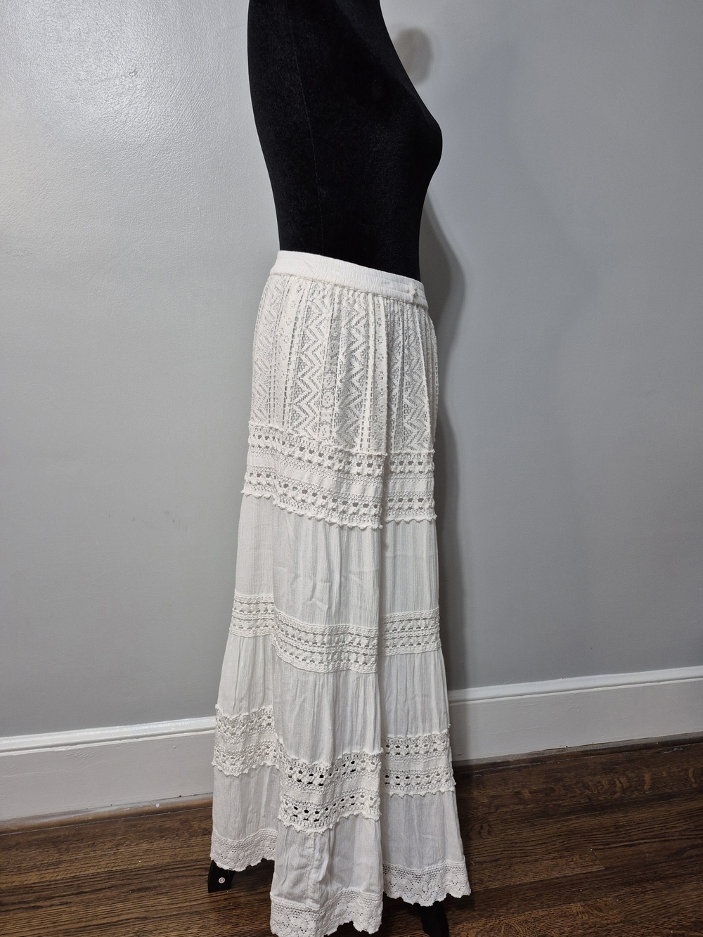 Magic White Boho Maxi Skirt with Lace Panels